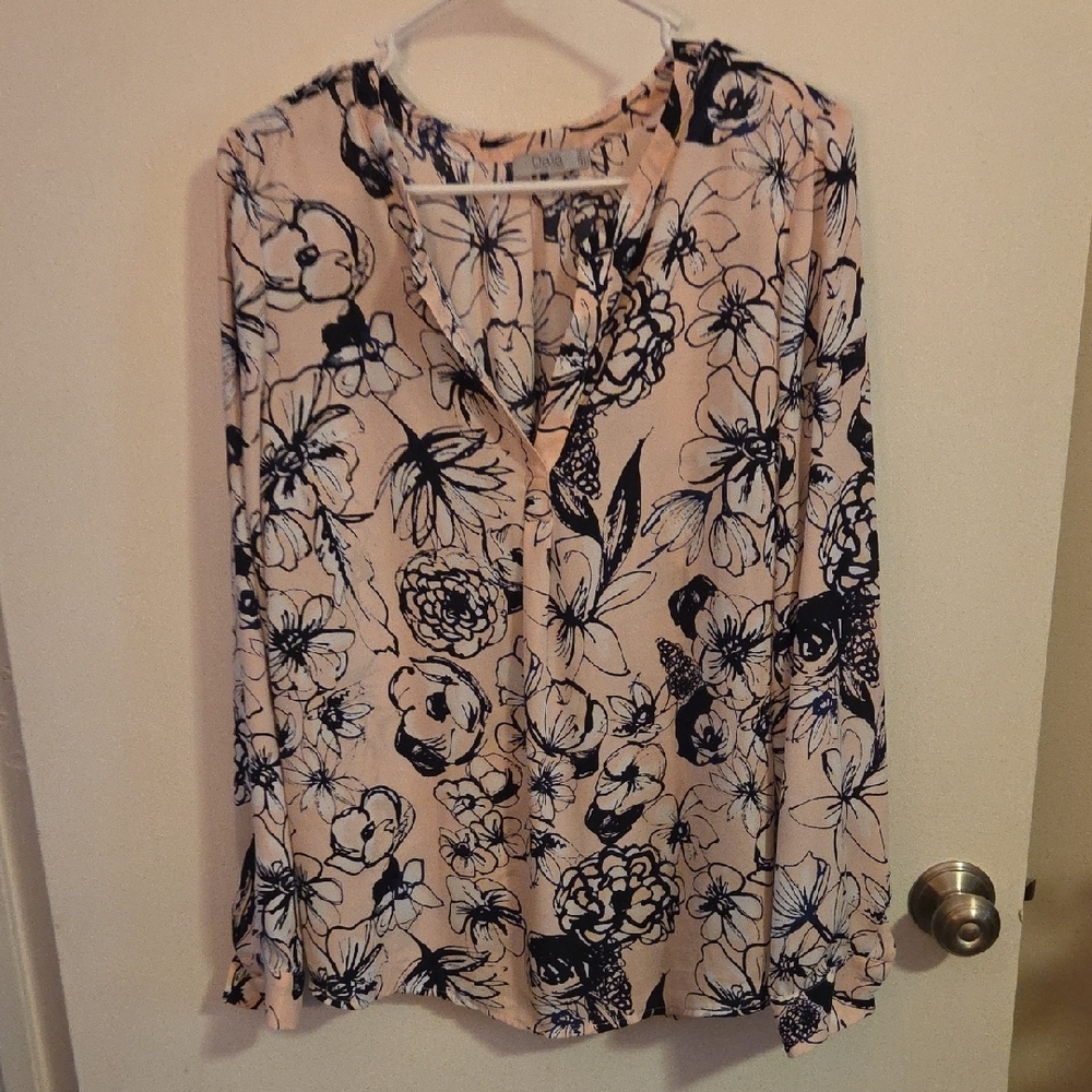 Dalia Black and Pink Long Sleeve Blouse with Mandarin Collar